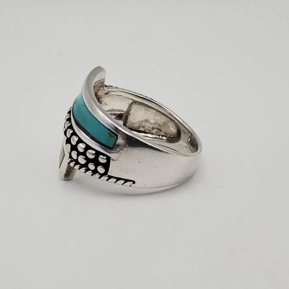 Sterling Silver 925 Turquoise & Mother of Pearl Inlay Ring Size 7